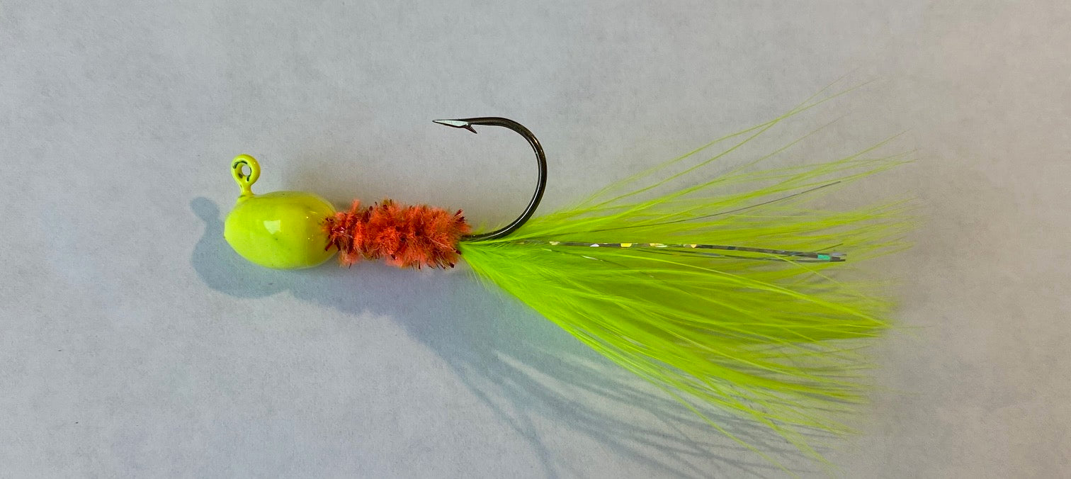 CMF 07-Chenille Marabou Hand Tied Fire Tiger Jig – Big Eye Spinnerbaits